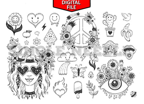 Festival Music Tattoo Flash Sheet Stencil for Real Stick and Poke Tattoos - SINGLE NEEDLE