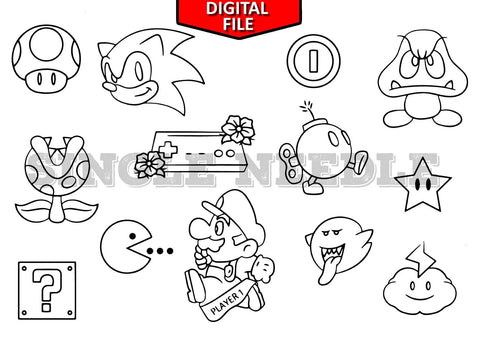 Videogame Themed Hand Poke Flash Sheet & Stencil - SINGLE NEEDLE