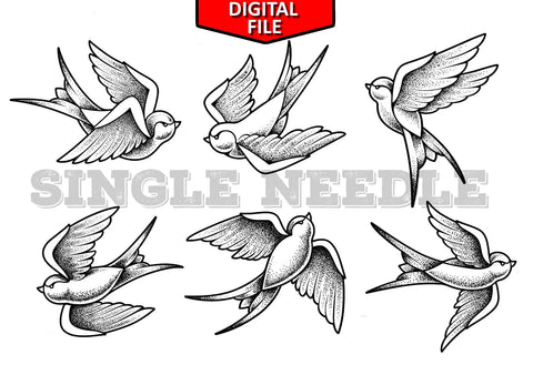 Birds Swallows 2 Tattoo Flash Sheet Stencil for Real Stick and Poke Tattoos - SINGLE NEEDLE