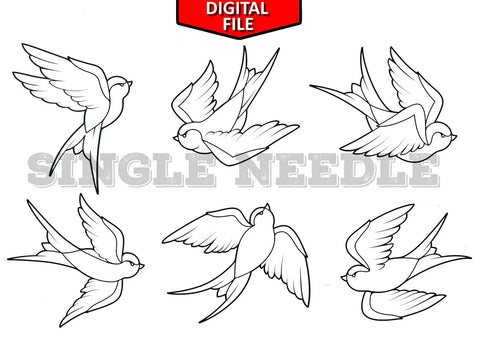 Birds Swallows Tattoo Flash Sheet Stencil for Real Stick and Poke Tattoos - SINGLE NEEDLE