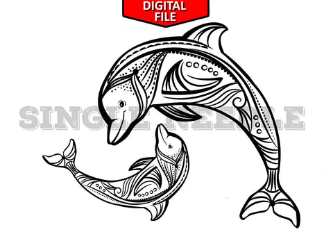 Dolphins Pair Tattoo Flash Sheet Stencil for Real Stick and Poke Tattoos - SINGLE NEEDLE