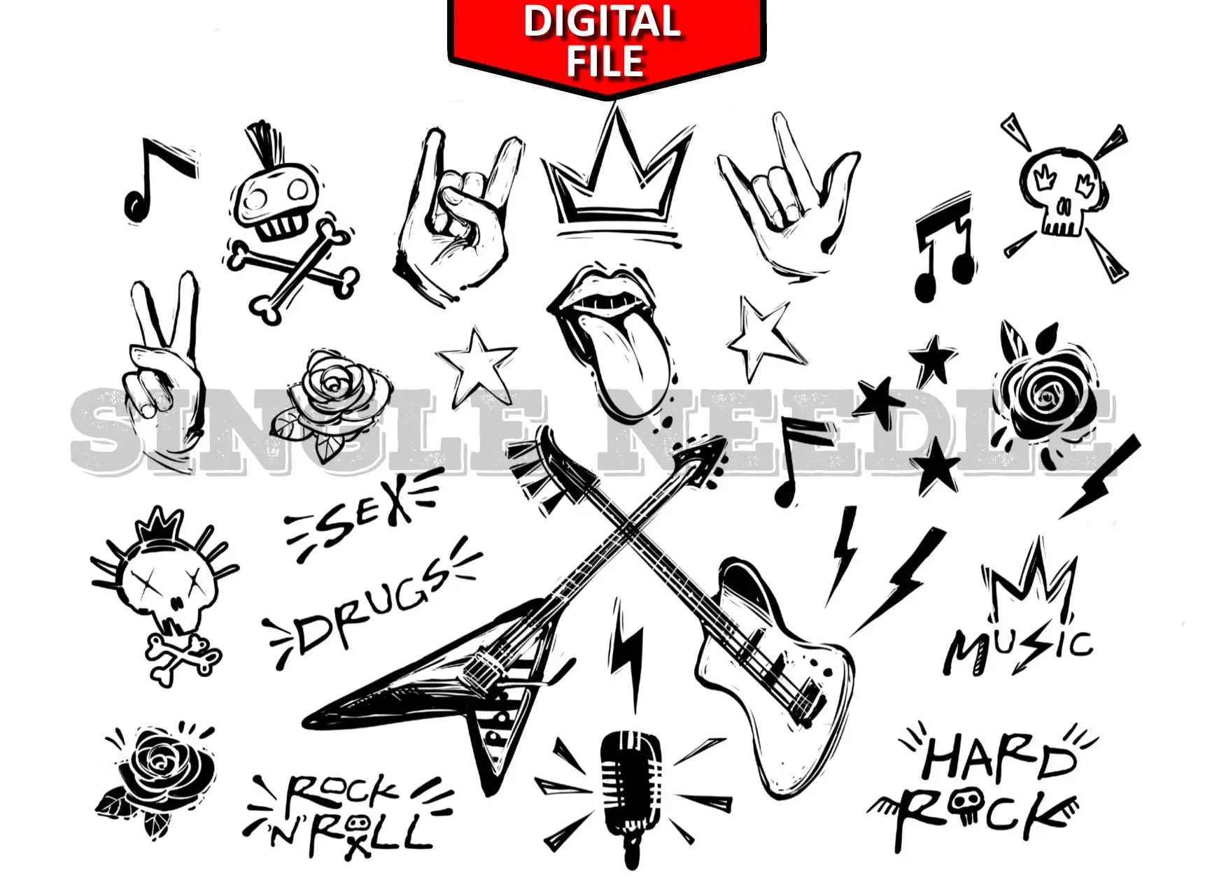 Festival Rock and Roll Music Tattoo Flash Sheet Stencil for Real Stick and Poke Tattoos - SINGLE NEEDLE