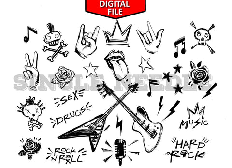 Festival Rock and Roll Music Tattoo Flash Sheet Stencil for Real Stick and Poke Tattoos - SINGLE NEEDLE