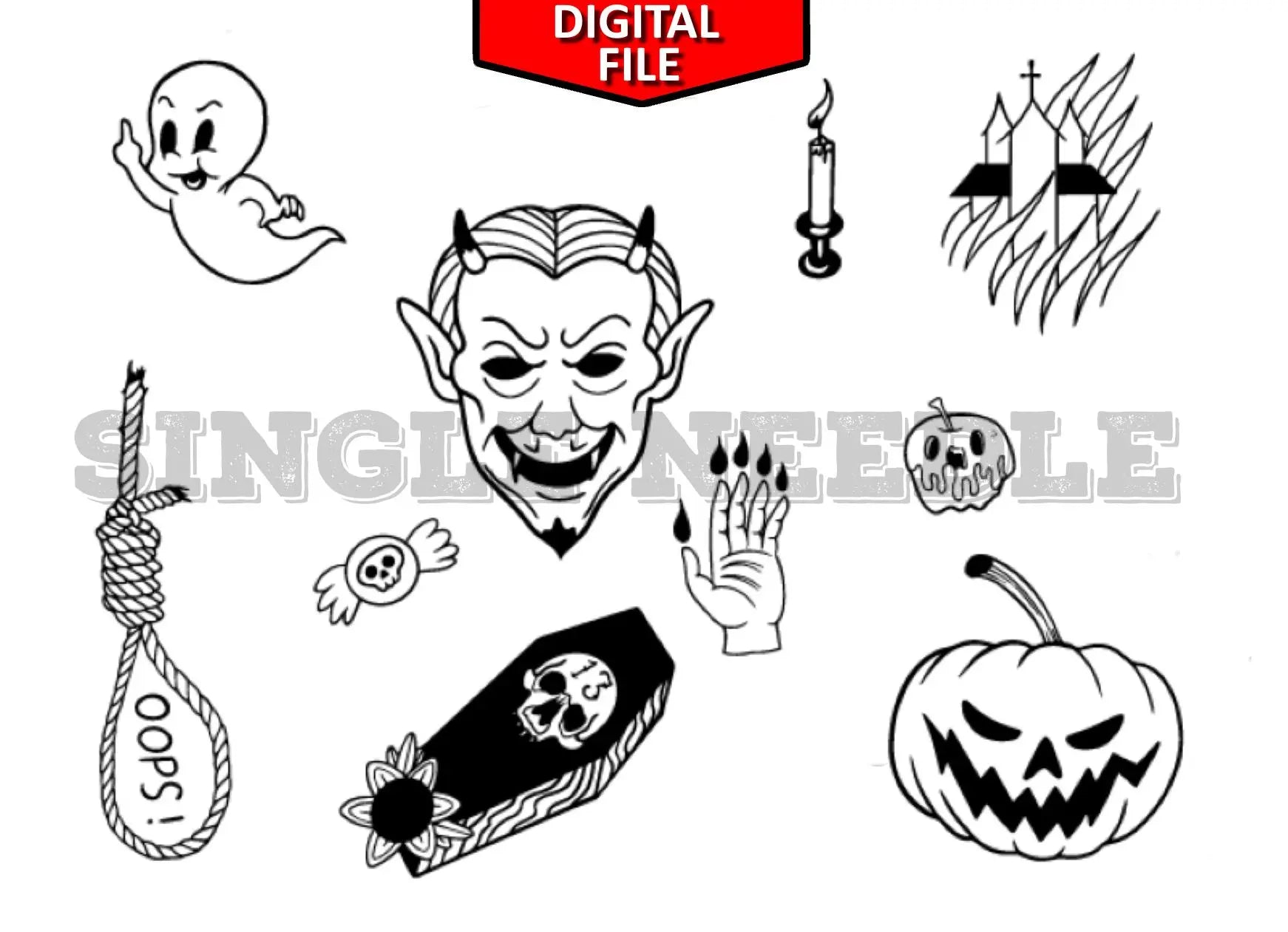 Halloween Tattoo Flash Sheet Stencil for Real Stick and Poke Tattoos - SINGLE NEEDLE