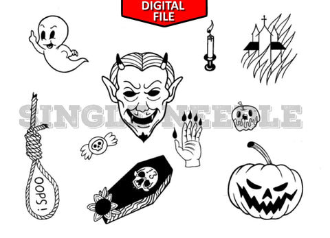 Halloween Tattoo Flash Sheet Stencil for Real Stick and Poke Tattoos - SINGLE NEEDLE