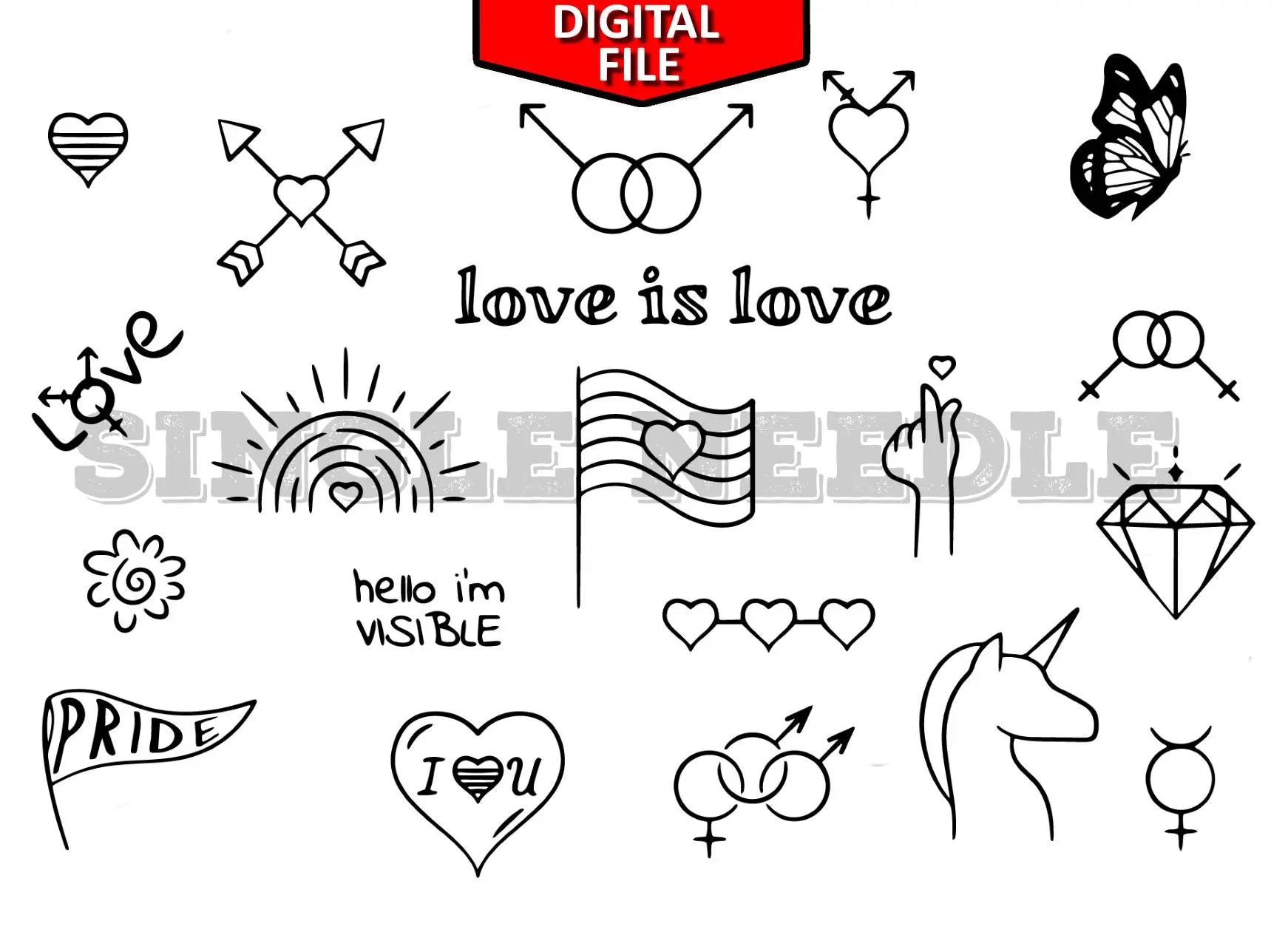 LQBTQ+ Tattoo Flash Sheet Stencil for Real Stick and Poke Tattoos - SINGLE NEEDLE