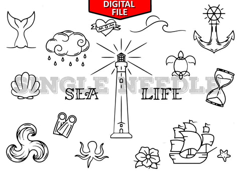 Sea Themed Tattoo Flash Sheet Stencil for Real Stick and Poke Tattoos - SINGLE NEEDLE