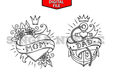 Traditional Mum Dad Hand Poke Flash Sheet & Stencil - SINGLE NEEDLE