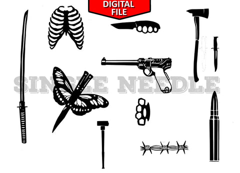 Weapon Themed Hand Poke Flash Sheet & Stencil - SINGLE NEEDLE