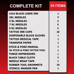 COMPLETE Stick and Poke Tattoo Kit with Black Ink and Needles - 46 Items - SINGLE NEEDLE