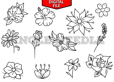 Flowers Tattoo Flash Sheet Stencil for Real Stick and Poke Tattoos - SINGLE NEEDLE