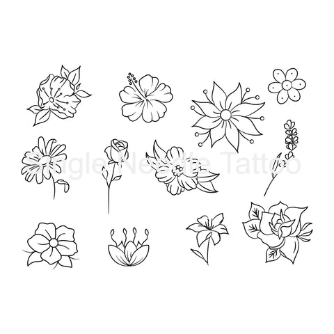 Flowers Tattoo Flash Sheet Stencil for Real Stick and Poke Tattoos - SINGLE NEEDLE