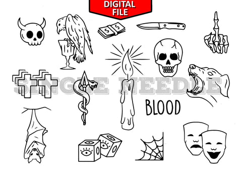 Horror Images Tattoo Flash Sheet Stencil for Real Stick and Poke Tattoos - SINGLE NEEDLE