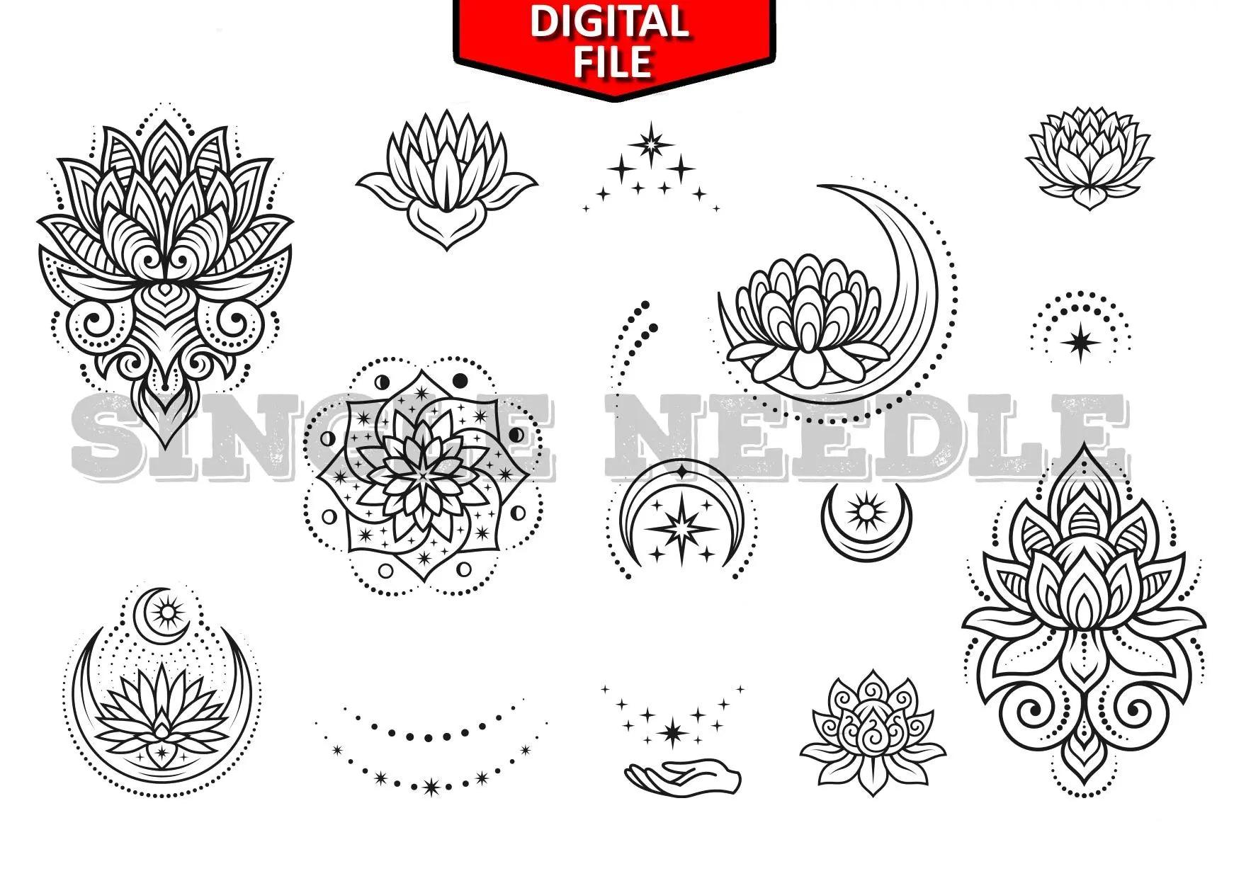 Moon Stars and Lotus Tattoo Flash Sheet Stencil for Real Stick and Poke Tattoos - SINGLE NEEDLE