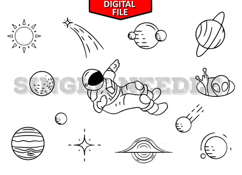Space Images Tattoo Flash Sheet Stencil for Real Stick and Poke Tattoos - SINGLE NEEDLE