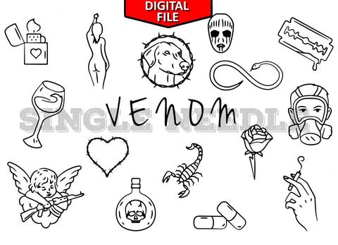 Venom Themed Hand Poke Flash Sheet & Stencil - SINGLE NEEDLE